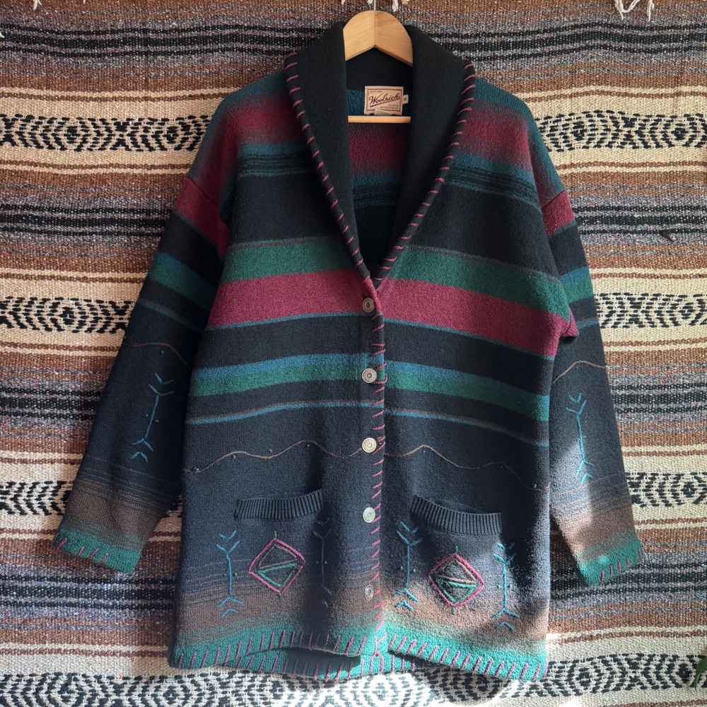 VTG Woolrich Cardigan M Black Wool Southwestern Blanket Shawl Collar Aztec 90s